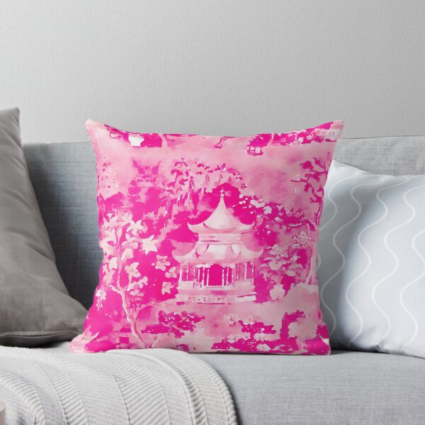 Item preview, Preppy pink and white pagoda garden chinoiserie toile designed and sold by SophieClimaArt.