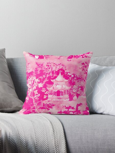 Item preview, Preppy pink and white pagoda garden chinoiserie toile designed and sold by SophieClimaArt.