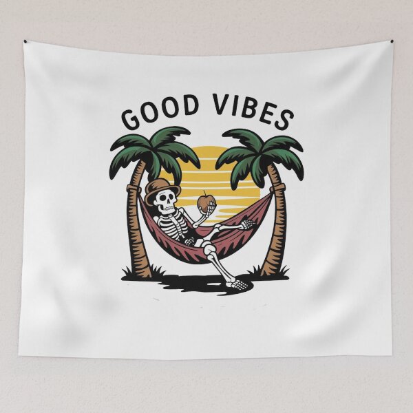Item preview, Skeleton on a deckchair with the words good vibes designed and sold by MyNiceDesigns.