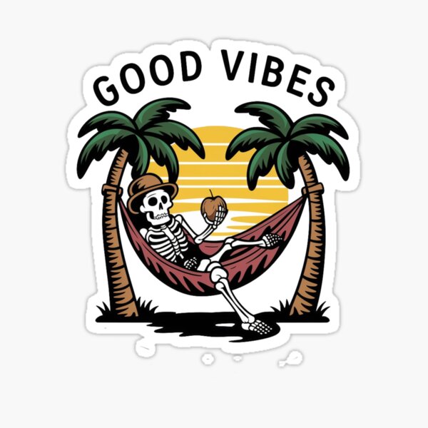 Aperçu de l'œuvre Squelette sur un transat avec les mots good vibes créée et vendue par MyNiceDesigns.