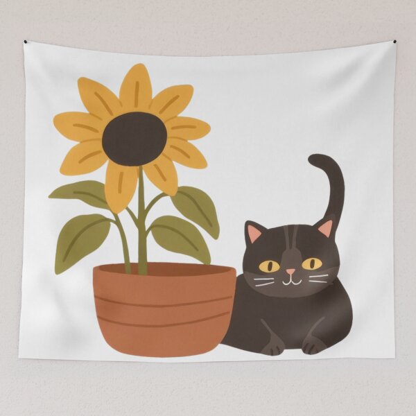 Item preview, Cute chubby funny kitten guards a sunflower in a pot.  designed and sold by SaraSumi.