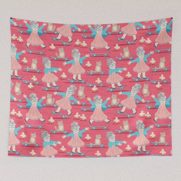 Item preview, Granny on a Skateboard, red pink background designed and sold by Alex  Blud.