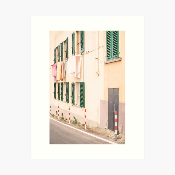 Item preview, Florence, Italy I Street photography in pastel yellow summer colors in Fiesole village in Tuscany with its laundry drying in the window like la dolce vita of italian everyday daily life scene designed and sold by Julie Travel Photography.