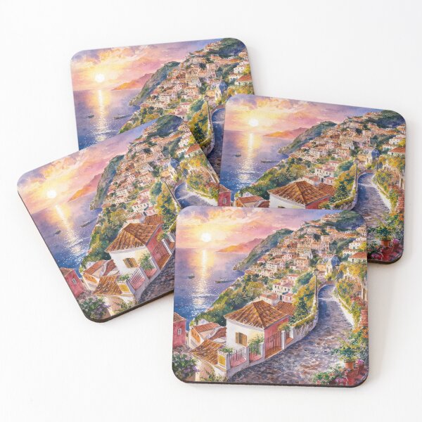 Item preview, italian summer ,Positano,Italy Amalfi Coast Sunset Painting watercolours designed and sold by SOUFIANE1991.