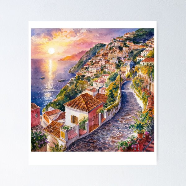 Item preview, italian summer ,Positano,Italy Amalfi Coast Sunset Painting watercolours designed and sold by SOUFIANE1991.