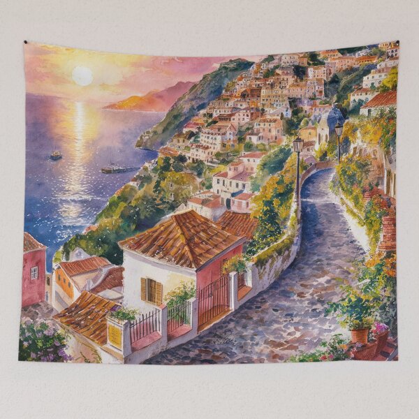 Item preview, italian summer ,Positano,Italy Amalfi Coast Sunset Painting watercolours designed and sold by SOUFIANE1991.
