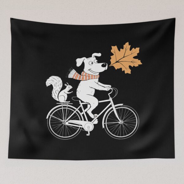 Item preview, a cartoon dog with a scarf riding a bike with a squirrel during autumn designed and sold by 123ks.