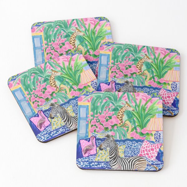 Item preview, Preppy zebra and giraffe in blue and pink chinoiserie interior designed and sold by SophieClimaArt.