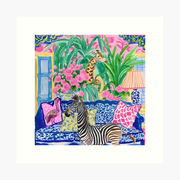 Item preview, Preppy zebra and giraffe in blue and pink chinoiserie interior designed and sold by SophieClimaArt.