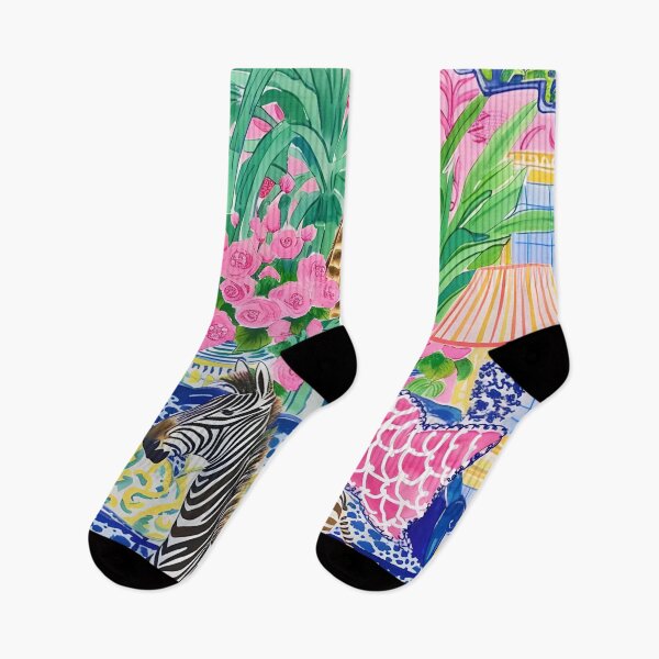 Item preview, Preppy zebra and giraffe in blue and pink chinoiserie interior designed and sold by SophieClimaArt.