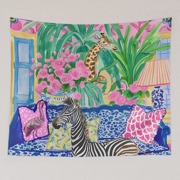 Item preview, Preppy zebra and giraffe in blue and pink chinoiserie interior designed and sold by SophieClimaArt.