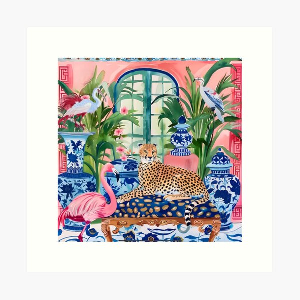 Item preview, Preppy cheetah in orange chinoiserie interior designed and sold by SophieClimaArt.