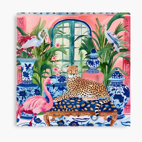 Item preview, Preppy cheetah in orange chinoiserie interior designed and sold by SophieClimaArt.