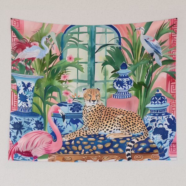 Item preview, Preppy cheetah in orange chinoiserie interior designed and sold by SophieClimaArt.
