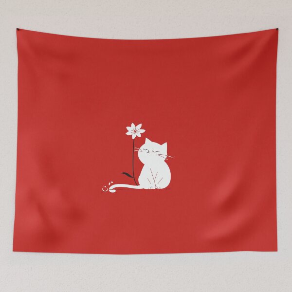 Item preview, Minimalist Cat with Flower on Red Background designed and sold by nshaltiel.