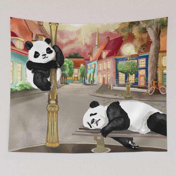 Item preview, Lazy panda sleeping on the street and its cub waiting by the pole designed and sold by Pandositive.