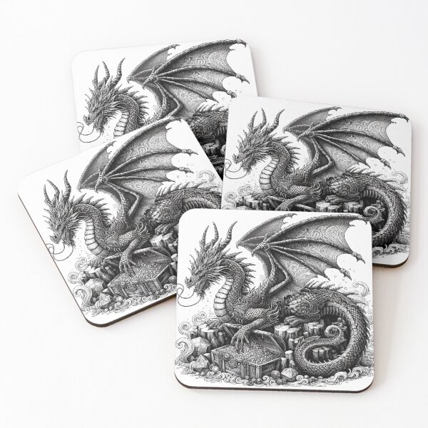 Item preview,  Guardian Dragon in Black and White: Mythical Creature Posed with Treasure Chest designed and sold by zoughlal.