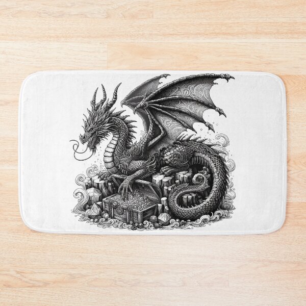 Item preview,  Guardian Dragon in Black and White: Mythical Creature Posed with Treasure Chest designed and sold by zoughlal.