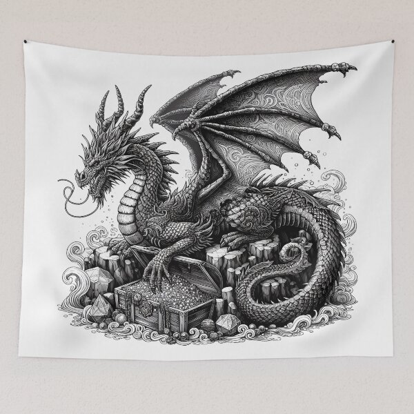 Item preview,  Guardian Dragon in Black and White: Mythical Creature Posed with Treasure Chest designed and sold by zoughlal.
