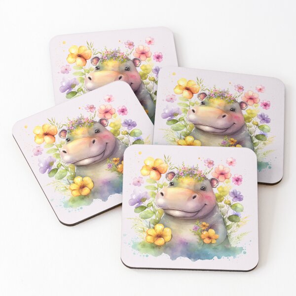 Item preview, watercolor floral cute hippo designed and sold by EmeraldeaArt.