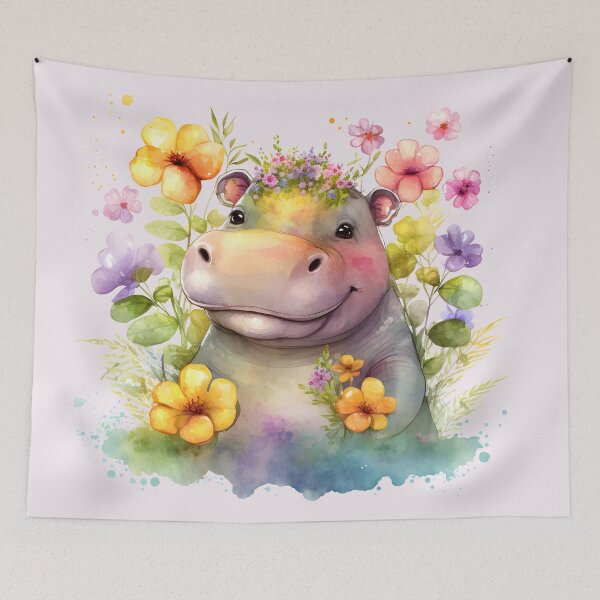 Item preview, watercolor floral cute hippo designed and sold by EmeraldeaArt.