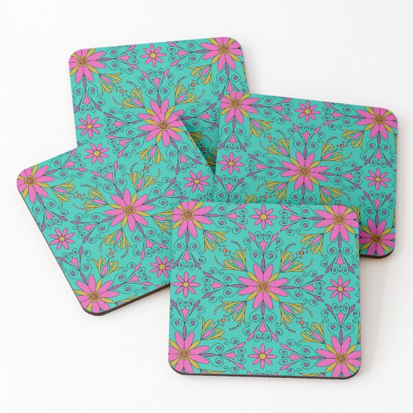 Item preview, Floral tile pattern in pink, Dijon, and lavender on turquoise designed and sold by MarySchwindt.
