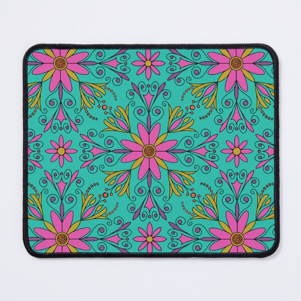 Item preview, Floral tile pattern in pink, Dijon, and lavender on turquoise designed and sold by MarySchwindt.