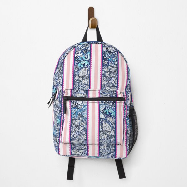 Item preview, Preppy Stripe with hot pink scallop and ocean details painted in watercolor designed and sold by MagentaRose.
