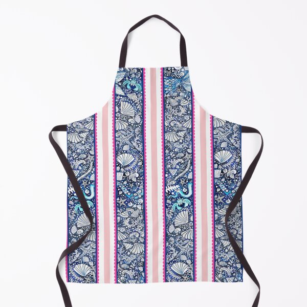 Item preview, Preppy Stripe with hot pink scallop and ocean details painted in watercolor designed and sold by MagentaRose.