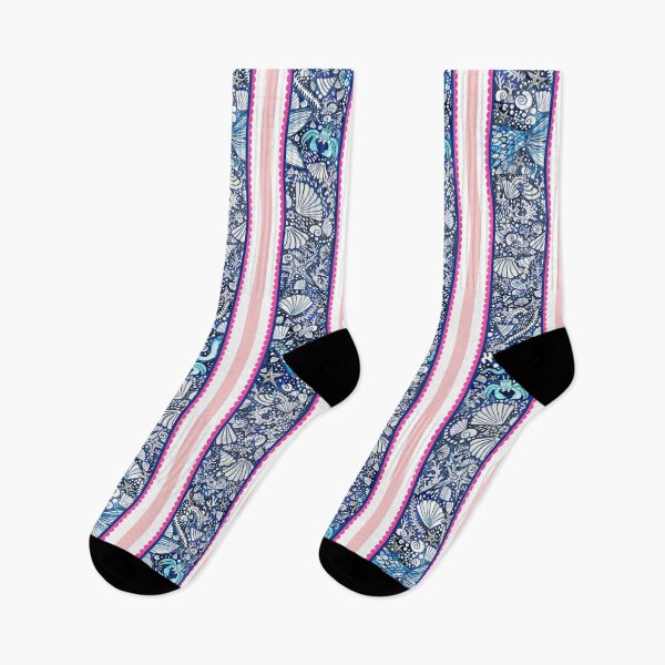 Item preview, Preppy Stripe with hot pink scallop and ocean details painted in watercolor designed and sold by MagentaRose.