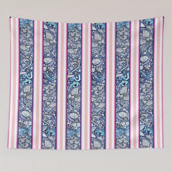 Item preview, Preppy Stripe with hot pink scallop and ocean details painted in watercolor designed and sold by MagentaRose.