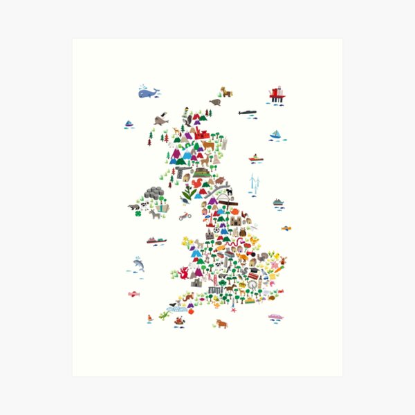 Vista previa del artículo con la obra «Mapa de animales de Gran Bretaña y NI para niños y niños», diseñado y vendido por ArtPrints.