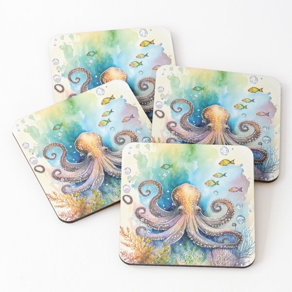 Artikelvorschau, Oktopus unter Wasser in Aquarell mit Korallen, Muscheln und Algenblüten und Aquarellfischen entworfen und verkauft von navitalidesign.