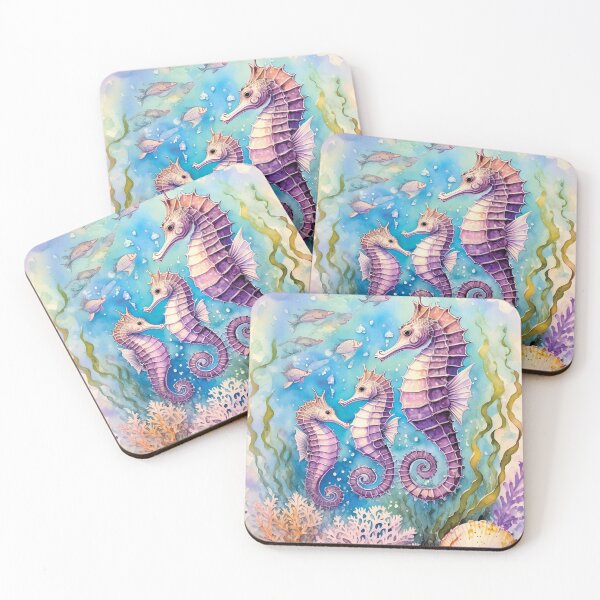 Artikelvorschau, Seepferdchen unter Wasser in Aquarell mit Korallen, Muscheln und Algenblumen und Aquarellfischen entworfen und verkauft von navitalidesign.