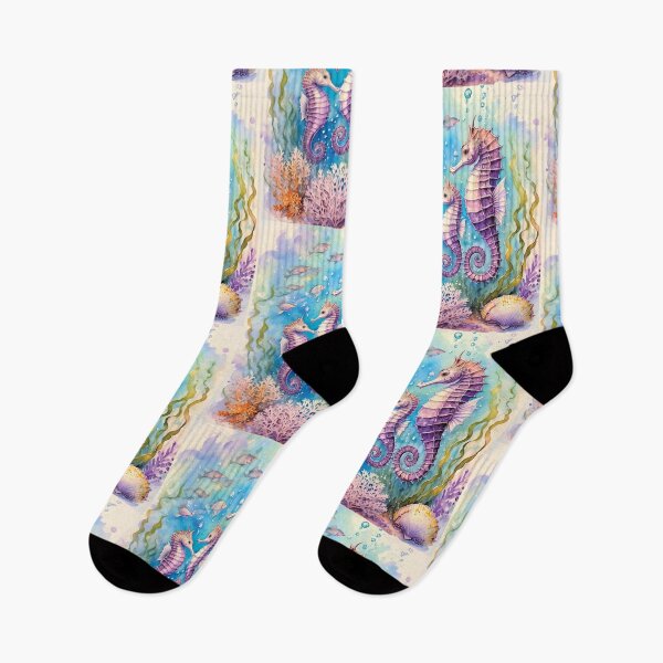Item preview, Seahorses underwater in watercolor with corals, seashells and seaweed flowers and watercolour fish designed and sold by navitalidesign.