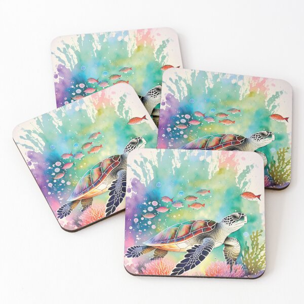 Artikelvorschau, Schildkröte unter Wasser in Aquarell mit Korallen, Muscheln und Algenblumen und Aquarellfischen entworfen und verkauft von navitalidesign.