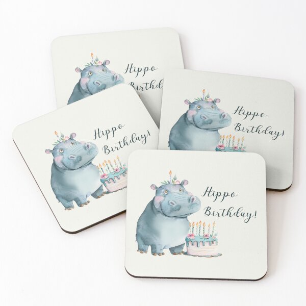 Item preview, Hippo Birthday! Cute watercolor hippopotamus with a cake designed and sold by EmeraldeaArt.