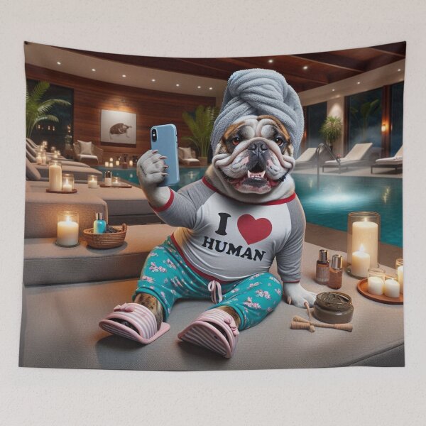 Item preview, Bulldog Social Media Celebrity taking a selfie at the Spa. designed and sold by TheDogOnIt.