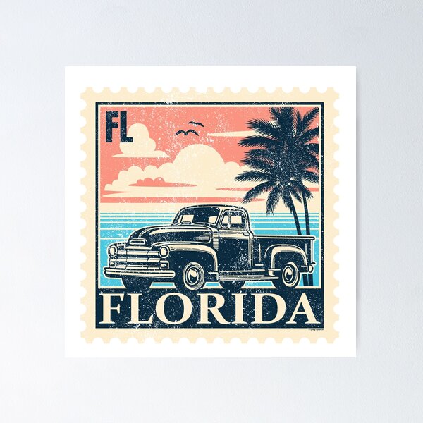 Item preview, Atardecer en Florida con sello vintage de camioneta designed and sold by Automotive Art by Greg.