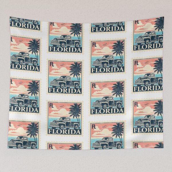 Item preview, Florida Sunset with Pickup Truck Vintage Stamp designed and sold by Automotive Art by Greg.