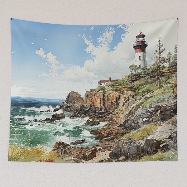 Item preview, Seaside Beacon - A Lighthouse Standing Over A Cliff Near The Ocean's Edge - Landscape Art - Watercolor Art designed and sold by CastleBySea.