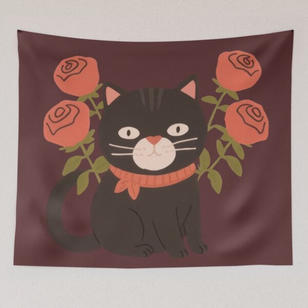 Item preview, Cute chubby funny kitten in a red bandana among roses. designed and sold by SaraSumi.