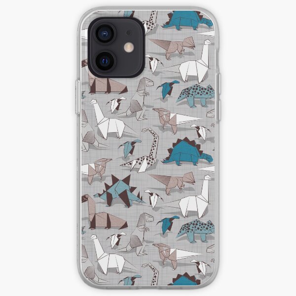 Origami dino friends // grey linen texture background blue white and beige dinosaurs iPhone Soft Case