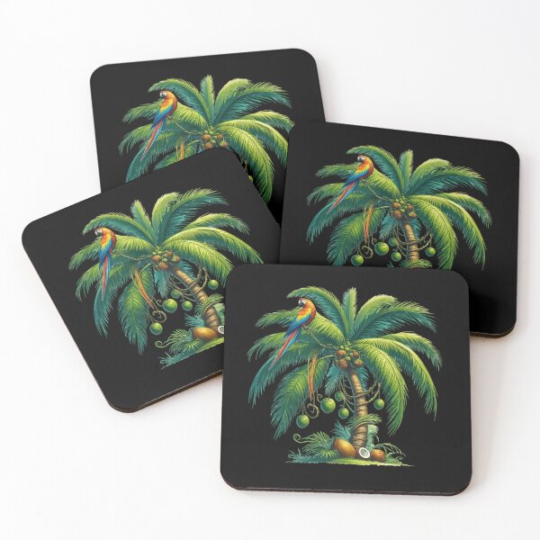 Item preview, Colorful Parrot Perched on the Frond of a Palm tree is Bearing Several Green Coconuts designed and sold by macadolie.