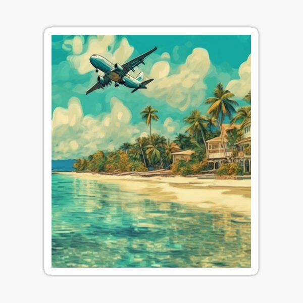 Artikel-Vorschau von "Tropisches Strandpanorama mit Luxushotel und abhebendem Flugzeug", designt und verkauft von Artisticanvas.