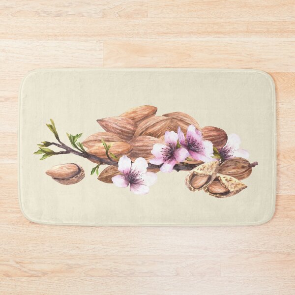 Item preview, Almond tree branch with leaves flowers. Shelled and unshelled nuts. Watercolor painted illustration designed and sold by BartolArt.