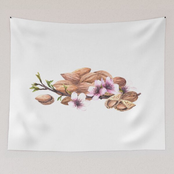 Item preview, Almond tree branch with leaves flowers. Shelled and unshelled nuts. Watercolor painted illustration designed and sold by BartolArt.