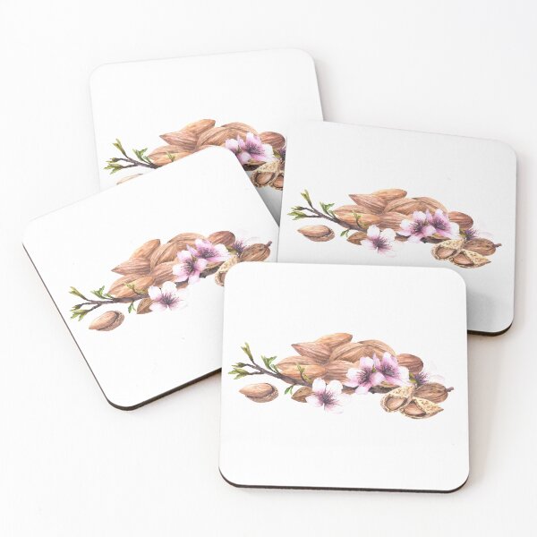 Item preview, Almond tree branch with leaves flowers. Shelled and unshelled nuts. Watercolor painted illustration designed and sold by BartolArt.