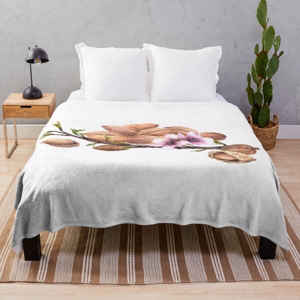 Item preview, Almond tree branch with leaves flowers and harvest nuts. Watercolor painted illustration designed and sold by BartolArt.