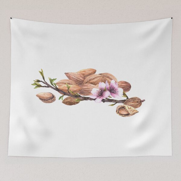 Item preview, Almond tree branch with leaves flowers and harvest nuts. Watercolor painted illustration designed and sold by BartolArt.